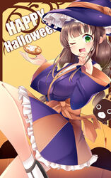  ;d alternate_hairstyle animal anko_(gochiusa) aru_(arudes) black_hair black_hat blush braid breasts commentary_request female food gochuumon_wa_usagi_desu_ka? green_eyes halloween halloween_costume happy_halloween hat highres large_breasts long_hair long_sleeves one_eye_closed open_mouth rabbit smile solo twin_braids ujimatsu_chiya witch_hat 