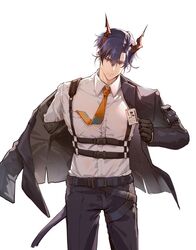  1boy arknights belt belt_buckle black_gloves black_hair black_jacket black_pants buckle ch&#039;en_(arknights) closed_mouth clouble collared_shirt cowboy_shot dragon_boy dragon_horns dragon_tail genderswap_(ftm) gloves horns id_card jacket long_sleeves looking_at_viewer male_focus necktie open_clothes open_jacket orange_necktie pants red_eyes rule_63 shirt short_hair solo tail v-shaped_eyebrows white_shirt 