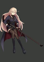  anti-materiel_rifle black_background black_footwear black_gloves black_thighhighs blonde_hair blue_jacket bolt_action boots closed_mouth earrings female fingerless_gloves fishnet_thighhighs fishnets girls&#039;_frontline gloves gun highres holding holding_weapon jacket jewelry long_hair looking_at_viewer luanes military_jacket mole mole_under_eye ptrd-41 ptrd_(girls&#039;_frontline) purple_eyes rifle sitting smile sniper_rifle solo thighhighs turtleneck weapon 