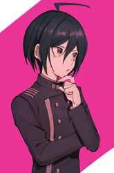  1boy ahoge black_hair black_jacket bojue_(hakus_1128) brown_eyes buttons danganronpa_(series) danganronpa_v3:_killing_harmony double-breasted from_side hand_up highres jacket long_sleeves male_focus open_mouth pink_background saihara_shuichi short_hair solo striped_clothes striped_jacket thinking upper_body white_background 