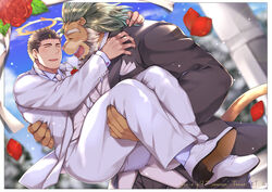  2boys animal_ears arsalan_(housamo) ass bara beard black_hair black_suit blush carrying couple facial_hair fangs flower formal full_body furry furry_male furry_with_non-furry green_hair halo husband_and_husband interspecies lion_boy lion_ears male_focus mature_male multicolored_hair multiple_boys muscular muscular_male outdoors petals princess_carry rose shoes short_hair size_difference smile stubble suit sunlight thick_thighs thighs tokyo_afterschool_summoners two-tone_hair wafu_(youzora_samo18) wedding white_footwear white_suit yaoi yellow_eyes zabaniyya_(housamo) 