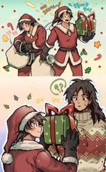  2boys alternate_costume black_eyes black_hair blush box broly_(dragon_ball_super) casual christmas christmas_sweater commentary contemporary couple dark-skinned_male dark_skin dragon_ball dragon_ball_super dragon_ball_super_broly gift gift_bag gift_box gift_wrapping hano_(hanos91) hat highres interracial korean_text male_focus medium_hair motion_lines multiple_boys muscular muscular_male pectorals protected_link santa_costume santa_hat scar scar_on_cheek scar_on_face sequential short_hair son_goku spiked_hair sweater symbol-only_commentary translation_request yaoi 