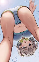  absurdres ass bent_over bikini bikini_shorts blue_eyes blue_sky breasts earrings female from_below goggles goggles_around_neck grey_hair highres idolmaster idolmaster_shiny_colors jewelry looking_at_viewer masuku_(saint_mask) medium_breasts navel open_mouth serizawa_asahi short_hair shorts single_earring sky smile solo star_(symbol) star_earrings stomach sun sunlight swimsuit thighs water_drop white_bikini 