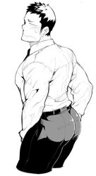  1boy :s ass bara blush collared_shirt cropped_legs embarrassed from_side greyscale large_pectorals long_sideburns male_focus monochrome muscular muscular_male naop_(anything) original pants pectorals shirt short_hair sideburns solo sweatdrop thick_thighs thighs tight_clothes tight_pants 