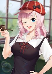  ;d absurdres artist_name black_bow black_vest blue_eyes blunt_bangs blurry blurry_background bow breasts bubble_pipe collarbone commentary depth_of_field english_commentary female fujiwara_chika hand_on_own_hip hat hat_bow highres holding holding_smoking_pipe kaguya-sama_wa_kokurasetai_~tensai-tachi_no_renai_zunousen~ long_hair looking_at_viewer medium_breasts one_eye_closed open_mouth pink_hair sasoura school_uniform shirt short_sleeves shuuchiin_academy_school_uniform smile smoking_pipe soap_bubbles solo upper_body vest white_shirt window 