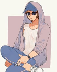  1boy alternate_costume bad_id bad_twitter_id baseball_cap blue_pants brown_hair casual cigarette facial_hair fate/grand_order fate_(series) foot_out_of_frame goatee grey_jacket hat hat_under_hood holding holding_cigarette hood hood_up hooded_jacket jacket long_sideburns male_focus napoleon_bonaparte_(fate) open_clothes open_jacket pants pectoral_cleavage pectorals shirt shitappa short_hair sideburns sleeveless sleeveless_shirt solo sunglasses toned toned_male white_shirt 