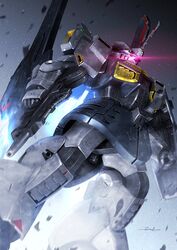  absurdres debris flying glowing glowing_eye gun gundam highres holding holding_gun holding_weapon mecha mobile_suit moon_gundam one-eyed pink_eyes realistic rick_dijeh_kai robot science_fiction signature solo space taka-f thrusters vernier_thrusters weapon 