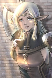  altennia artist_name blonde_hair blue_eyes breasts brick_wall circlet elf elvaan eyelashes female final_fantasy final_fantasy_xi highres long_hair looking_at_viewer medium_breasts parted_lips pink_lips piyoco pointy_ears smile solo 