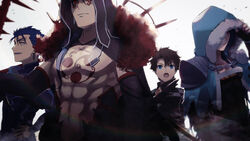  4boys abs black_hair blue_eyes bodypaint bodysuit cape capelet closed_mouth command_spell cu_chulainn_(caster)_(fate) cu_chulainn_(fate) cu_chulainn_(fate/stay_night) cu_chulainn_alter_(fate) cu_chulainn_alter_(third_ascension)_(fate) dark_persona detached_hood earrings elbow_gloves facepaint fate/grand_order fate/stay_night fate_(series) fujimaru_ritsuka_(male) fujimaru_ritsuka_(male)_(polar_chaldea_uniform) fur-trimmed_cape fur-trimmed_hood fur_trim gae_bolg_(fate) gloves grin hidden_eyes hood hood_up hooded_capelet jewelry long_hair male_focus multiple_boys multiple_persona muscular muscular_male navel open_mouth pectorals polearm red_eyes short_hair simple_background skin_tight smile spear spiked_hair spikes tamayan_(tmyaaa_tk) topless_male weapon white_background 