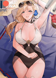  azur_lane bikini blonde_hair blue_eyes breasts casual_one-piece_swimsuit cleavage covered_navel eyewear_on_head female flower hair_flower hair_ornament hair_over_shoulder hood_(azur_lane) hood_(lady_of_the_shining_sun)_(azur_lane) jewelry long_hair low_ponytail multicolored_bikini multicolored_clothes muunai necklace o-ring o-ring_swimsuit official_alternate_costume one-piece_swimsuit patreon_logo patreon_username solo sunglasses swimsuit thigh_strap 