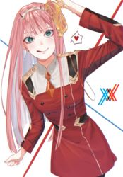  :q commentary darling_in_the_franxx female food green_eyes hairband heart highres holding holding_food horns long_hair meat military military_uniform mu_ooa pantyhose pink_hair solo spoken_heart tongue tongue_out uniform zero_two_(darling_in_the_franxx) 