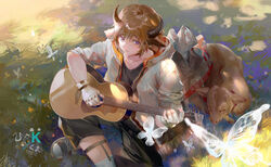  1boy absurdres acoustic_guitar animal_ears arknights backpack bag bison_(arknights) bovine brown_hair bug butterfly calf_(animal) commentary_request cow_boy cow_ears cow_horns crossed_legs daylightallure fingerless_gloves from_above gloves grass guitar highres horns instrument jacket long_sleeves male_focus open_bag purple_eyes shoes short_hair signature sitting sleeves_rolled_up sneakers solo 