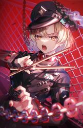  bang_dream! black_dress black_headwear blonde_hair chain_necklace chains collar dress drumsticks female hat highres holding holding_drumsticks jewelry long_sleeves military_hat necklace nurumi_p red_nails sato_masuki short_hair spiked_collar spikes yellow_eyes 