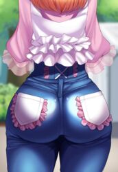  ass blue_pants blurry blurry_background cowboy_shot depth_of_field facing_away female from_behind head_out_of_frame hibino_matsuri highres long_hair motsuaki orange_hair pants pink_shirt pretty_series shirt solo standing waccha_primagi! 