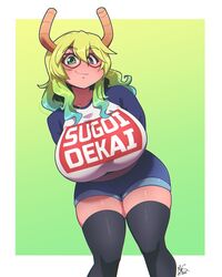  bespectacled black_thighhighs blonde_hair blue_eyes blue_shorts breasts clothes_writing cosplay denim denim_shorts dragon_girl dragon_horns female glasses gradient_hair green_eyes green_hair heterochromia highres horns huge_breasts kobayashi-san_chi_no_maidragon long_hair lucoa_(maidragon) meme_attire mrsakai multicolored_hair raglan_sleeves red-framed_eyewear romaji_text short_shorts shorts smile solo sugoi_dekai thick_thighs thighhighs thighs trait_connection unusually_open_eyes uzaki-chan_wa_asobitai! uzaki_hana uzaki_hana_(cosplay) yellow_pupils 