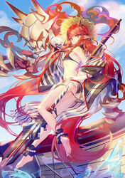  ankle_cuffs arknights barefoot bikini black_bikini boat braid breasts closed_mouth cloud commentary_request demon demon_girl demon_horns expressionless female floating_hair from_side full_body hat highres holding holding_polearm holding_weapon horns jacket legs long_hair looking_at_viewer looking_to_the_side off_shoulder official_alternate_costume open_clothes open_jacket outdoors pointy_ears polearm red_eyes samo_(shichun_samo) see-through see-through_skirt skirt sky small_breasts soles solo straw_hat swimsuit toes twin_braids very_long_hair vigna_(arknights) vigna_(casual_vacation)_(arknights) water watercraft weapon 