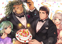  2boys 2girls animal_ears arsalan_(housamo) bara beard black_hair black_suit bow bowtie cake confetti couple facial_hair food formal fruit furry furry_male furry_with_non-furry gabriel_(housamo) green_hair grey_hair halo husband_and_husband interspecies large_pectorals lion_boy lion_ears looking_at_viewer maria_(housamo) mature_male multicolored_hair multiple_boys multiple_girls muscular muscular_male one_eye_closed pectorals short_hair smile strawberry stubble suit tokyo_afterschool_summoners two-tone_hair upper_body wafu_(youzora_samo18) yaoi yellow_eyes zabaniyya_(housamo) 