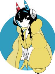  animal_ears black_eyes black_hair blue_hair cat_ears coat colored_skin cosplay elesa_(pokemon) elesa_(pokemon)_(cosplay) female headphones idkuroi kokubunji_suou long_sleeves looking_at_viewer mechanical_ears mole mole_under_mouth original pokemon pokemon_bw2 solo white_skin yellow_coat 