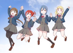  4girls blonde_hair blue_eyes blue_hair blue_jacket blunt_bangs braid brown_hair cloud cloudy_sky commentary dress gradient_hair green_eyes grey_dress grin hair_bun highres jacket kirara_jump long_hair looking_at_viewer love_live! love_live!_superstar!! low_twintails manga_time_kirara maruyo midair multicolored_hair multiple_girls neck_ribbon onitsuka_natsumi open_clothes open_jacket pantyhose pinafore_dress pink_hair red_eyes red_hair red_ribbon ribbon sakurakoji_kinako school_uniform short_hair single_hair_bun sky sleeveless sleeveless_dress smile twin_braids twintails wakana_shiki yoneme_mei yuigaoka_school_uniform 