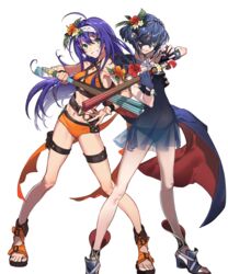  2girls ahoge belt blue_hair braid breasts collarbone fingerless_gloves fingernails fire_emblem fire_emblem:_radiant_dawn fire_emblem_awakening fire_emblem_heroes flower full_body gloves green_eyes hairband hibiscus highres holding long_hair looking_at_viewer lucina_(fire_emblem) lucina_(summer)_(fire_emblem) marth_(fire_emblem_awakening) mask medium_breasts mia_(fire_emblem) mia_(summer)_(fire_emblem) multiple_girls navel non-web_source official_art parted_lips sandals see-through short_hair smile stomach swimsuit tied_hair transparent_background yoneyama_mai 