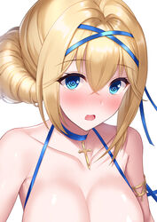  :o :s azur_lane bare_shoulders bikini blonde_hair blue_choker blue_eyes blue_ribbon blush breasts choker cleavage close-up collarbone commentary_request cross cross_choker crossed_bangs embarrassed female hair_bun hair_ribbon highres jeanne_d&#039;arc_(azur_lane) jeanne_d&#039;arc_(saintess_of_the_sea)_(azur_lane) jewelry large_breasts long_hair looking_at_viewer nekomori_caburi official_alternate_costume open_mouth ribbon simple_background single_hair_bun solo swimsuit thighs white_background 