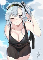  absurdres bikini black_bikini black_headband blue_sky breasts cleavage clothes_writing cloud collarbone commentary_request cowboy_shot day female grey_eyes grey_hair hachimaki hair_ornament headband highres kantai_collection lens_flare long_hair looking_at_viewer medium_breasts one_eye_closed one_side_up outdoors sarong see-through shikaya sky solo suzutsuki_(kancolle) suzutsuki_(swimsuit_mode)_(kancolle) swimsuit 