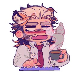  1boy animal_ears animated animated bara beard_stubble blank_eyes coffee collared_shirt cup drunk_tiger_(kuro) exhausted facial_hair facing_ahead hair_slicked_back holding holding_cup jitome kuroshima_kurishiro_(muyi24108414) lowres male_focus mature_male multicolored_hair mustache_stubble necktie original salaryman shirt solo steam stubble teacup thick_eyebrows tiger_boy tiger_ears two-tone_hair upper_body white_hair white_shirt 