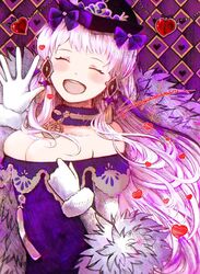  akamaru_saasha alternate_breast_size bare_shoulders black_hat blush breasts cleavage closed_eyes commentary female fire_emblem fire_emblem:_three_houses fire_emblem_heroes gloves hat heart highres large_breasts long_hair lysithea_von_ordelia lysithea_von_ordelia_(a_new_future) official_alternate_costume open_mouth smile solo symbol-only_commentary teeth upper_teeth_only waving white_gloves white_hair 