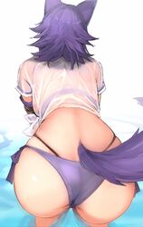  animal_ears arm_strap ass back bad_id bad_twitter_id bent_over bikini breasts facing_away female from_behind highleg highleg_bikini highres inactive_account large_breasts makoto_(princess_connect!) makoto_(summer)_(princess_connect!) medium_hair mobu princess_connect! purple_bikini purple_hair shirt short_sleeves solo swimsuit tail tied_shirt wading water wet wet_clothes wet_shirt white_background white_shirt wolf_ears wolf_girl wolf_tail 