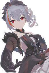  bad_id bad_pixiv_id black_dress black_flower black_gloves black_rose bronya_zaychik bronya_zaychik_(black_nucleus) dress drill_hair elbow_gloves female flower gloves grey_hair hair_between_eyes hair_flower hair_ornament hand_on_own_chest highres honkai_(series) honkai_impact_3rd jliaan looking_at_viewer open_mouth outstretched_arm red_eyes rose simple_background sleeveless sleeveless_dress solo teeth white_background 