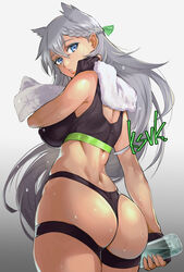  akinaie animal_ears ass back black_sports_bra blue_eyes bottle braid breasts commentary_request commission fake_animal_ears female fingerless_gloves french_braid from_behind girls&#039;_frontline gloves jacket ksvk_(girls&#039;_frontline) large_breasts long_hair looking_at_viewer looking_back skeb_commission solo sports_bikini sports_bra sweat towel water_bottle white_hair 