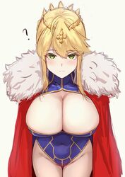  ? artoria_pendragon_(fate) artoria_pendragon_(lancer)_(fate) blonde_hair blue_leotard blush breasts cape cleavage cleavage_cutout clothing_cutout commentary_request covered_navel crown fate/grand_order fate_(series) female green_eyes groin highleg highleg_leotard highres large_breasts leotard looking_at_viewer okuma707 sidelocks sleeveless sleeveless_turtleneck sleeveless_turtleneck_leotard solo thighs turtleneck turtleneck_leotard white_background 