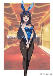  animal_ears bare_shoulders black_hair black_pantyhose blue_bow blue_bowtie blue_eyes blue_leotard blurry blurry_background bow bowtie breasts casino cleavage commentary_request detached_collar fake_animal_ears fake_tail female highleg highleg_leotard idolmaster idolmaster_million_live! konachiri legs leotard long_hair looking_at_viewer medium_breasts mogami_shizuka open_mouth own_hands_together pantyhose playboy_bunny rabbit_ears rabbit_tail sidelocks smile solo standing tail thighs twitter_username wrist_cuffs 