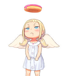  :&lt; angel angel_wings blonde_hair blue_eyes blush commentary doughnut doughnut_halo dress drooling feathered_wings feet_out_of_frame female food halo highres kozato_(yu_kozato) little_blonde_girl_(kozato) lolicon long_hair original simple_background sleeveless sleeveless_dress solo twintails white_background white_dress white_wings wings 