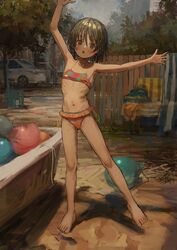  absurdres arms_up balloon barefoot bathtub bikini brown_eyes brown_hair car female fence flat_chest frilled_bikini frills full_body ground_vehicle highres looking_at_viewer motor_vehicle original outdoors red_bikini ribs shion_(mirudakemann) short_hair solo standing swimsuit 