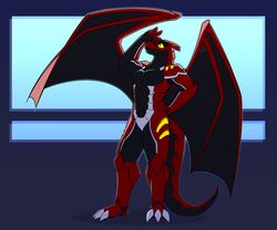  android anthro biped black_sclera claws hi_res leviathinh machine male metal_plates metallic_body plantigrade red_body reptile robot scalie solo synth_(vader-san) tail wings yellow_eyes 