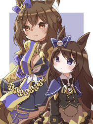  2girls :3 aged_down animal_ears blue_bow bow breasts brown_eyes brown_hair buttons cleavage collar commentary_request crown deep_impact_(umamusume) double-breasted ear_bow ear_ornament horse horse_ears horse_girl king_kamehameha_(umamusume) mini_crown multiple_girls neckerchief purple_eyes schneeball_(leiche_uma) trait_connection umamusume white_neckerchief 