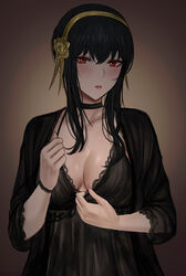  bad_id bad_pixiv_id black_choker black_hair blush bracelet breasts choker cleavage commentary_request female flower gold_hairband hair_flower hair_ornament hairband highres jewelry looking_at_viewer medium_breasts nightgown parted_lips red_eyes rose selcky short_hair_with_long_locks solo spy_x_family sweat yor_briar 