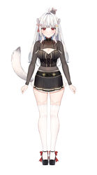  absurdres ahoge animal_on_head black_bustier black_footwear black_skirt bow bustier chinchilla_(animal) chinchilla_ears chinchilla_girl chinchilla_tail cleavage_cutout clothing_cutout covered_navel dango dango_hair_ornament female food food-themed_hair_ornament footwear_bow full_body grey_hair hair_ornament hair_ribbon highres indie_virtual_youtuber long_hair on_head pleated_skirt red_bow red_eyes red_ribbon ribbon sanshoku_dango see-through see-through_shirt shirt skirt solo tachi-e tamamochi_kazuyo thighhighs uiri-na virtual_youtuber wagashi white_thighhighs 