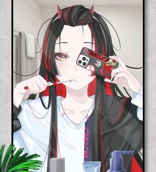  bad_id bad_instagram_id black_hair collarbone female long_hair long_sleeves mirror multicolored_eyes multicolored_hair oni phone plant red_eyes red_hair reirei_studio selfie solo streaked_hair suzuhana_rin toothbrush virtual_youtuber yuuta_(yuuta0312) 