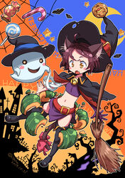  absurdres ahoge animal_ears bandaged_arm bandages bare_tree bat_(animal) bell belt black_cape black_footwear black_hat blush_stickers boots broom brown_hair candy candy_cane cape castle cat_ears cat_girl cat_tail commentary crop_top dated female food ghost gloves graveyard halloween halloween_costume happy_halloween hat highres isedaichi_ken jack-o&#039;-lantern_ornament lollipop midriff miniskirt navel neck_bell oerba_yun_fang original outline purple_gloves purple_shirt purple_skirt red_belt shirt silk single_glove skirt slit_pupils solo spider_web star_(symbol) tail text_background thigh_boots tree twitter_username white_outline witch_hat yellow_eyes 