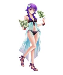  bare_shoulders bikini book breasts cleavage closed_mouth collarbone dual_wielding female fire_emblem fire_emblem:_the_sacred_stones fire_emblem_heroes flower full_body hair_flower hair_ornament highres holding holding_book leaf long_hair looking_at_viewer lute_(fire_emblem) lute_(summer)_(fire_emblem) medium_breasts navel non-web_source official_art open_book purple_eyes purple_hair reading sandals see-through seo_kouji shiny_skin solo stomach swimsuit thighs tied_hair toeless_footwear transparent_background 