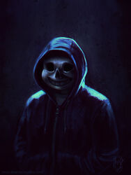  2019 3:4 animated_skeleton blue_clothing blue_jacket blue_topwear bone clothed clothing dated empty_eye_sockets grin half-length_portrait hi_res jacket male mylafox not_furry portrait sans_(undertale) signature simple_background skeleton skull smile solo text topwear undead undertale_(series) url white_body zipper 