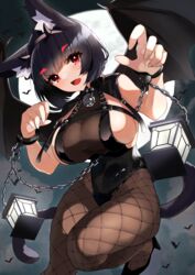  absurdres animal_ear_fluff animal_ears azur_lane bat_(animal) bat_wings bell black_hair black_hairband black_leotard black_pantyhose black_wings breasts cat_ears cat_tail chains commentary_request female fishnet_pantyhose fishnets hairband halloween hands_up high_heels highres jingle_bell knee_up lantern large_breasts leotard looking_at_viewer mismatched_eyebrows moon neck_bell night oerba_yun_fang open_mouth pantyhose red_eyes short_hair sideboob skin_fang solo tail wings wrist_cuffs yamaha_tsui yamashiro_(azur_lane) 