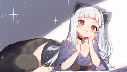  animal_ears bare_shoulders black_collar blunt_bangs blush breasts character_request cleavage closed_mouth collar ear_piercing ejami female grey_hair hair_ornament hairclip highres indie_virtual_youtuber long_hair multicolored_hair off-shoulder_shirt off_shoulder piercing purple_hair purple_shirt raccoon_ears raccoon_girl raccoon_tail red_eyes shirt smile solo_focus streaked_hair tail virtual_youtuber 