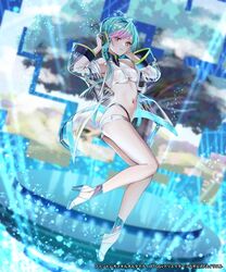  aqua_hair bare_shoulders blurry blurry_background braid breasts cassius_(phantom_of_the_kill) chigusa_minori collarbone commentary crop_top female film_grain full_body gradient_hair headphones high_heels highleg highleg_panties highres jacket light_blush light_particles long_hair long_sleeves looking_at_viewer medium_breasts micro_shorts multicolored_hair navel panties parted_lips phantom_of_the_kill pink_hair see-through see-through_jacket shirt shorts solo stomach symbol-only_commentary twin_braids underboob underwear white_footwear white_shirt yellow_eyes 