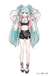  ankle_boots aqua_eyes aqua_hair armpits arms_up bare_legs black_shorts boots breasts collarbone commentary_request copyright_name crop_top cross-laced_footwear crypton_future_media dot_nose expressionless female fingernails full_body hair_between_eyes hand_in_own_hair hatsune_miku highres hiro_(dismaless) jacket jewelry legs_together looking_at_viewer midriff navel necklace official_alternate_costume official_art open_clothes open_jacket parted_lips short_shorts shorts signature simple_background skinny small_breasts solo star_(symbol) star_necklace tachi-e tareme tight_clothes twintails twirling_hair two-sided_fabric two-sided_jacket vocaloid white_background white_footwear white_jacket 