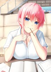  blue_eyes breast_rest breasts breasts_on_table cleavage closed_mouth collarbone collared_shirt earrings elbow_rest female food_between_breasts food_in_mouth go-toubun_no_hanayome head_rest incoming_pocky_kiss indoors jewelry large_breasts looking_at_viewer nakano_ichika notebook pink_hair shiraito shirt short_hair smile solo table upper_body white_shirt 