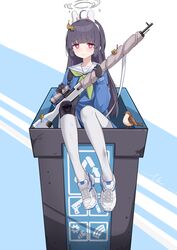  absurdres arrow_(symbol) bird black_gloves black_hair blue_archive bolt_action dirty female full_body gloves gun gun_sling halo highres in_container knee_pads leaf leaf_on_head long_hair miyu_(blue_archive) pantyhose recycle_bin recycling_symbol rifle sad school_uniform scope serafuku shoe_print shoes simple_background single_knee_pad sitting sniper_rifle solo uko_0817 unworn_shoes weapon white_footwear white_pantyhose 