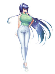  akiyama_rinko aoi_nagisa_(metalder) bare_legs bare_shoulders blue_hair breasts casual curvy female fingernails full_body hand_on_own_hip high_ponytail highres huge_breasts lips long_hair ponytail purple_eyes shirt simple_background sleeveless sleeveless_shirt solo standing taimanin_(series) taimanin_rpgx taimanin_yukikaze thighhighs very_long_hair white_background wide_hips 